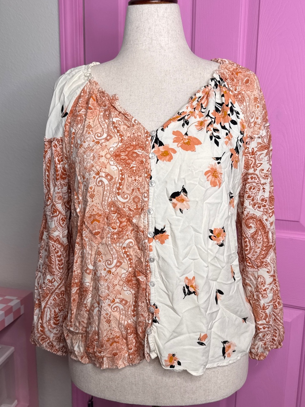 Daniel Rainn Peach Paisley & Floral Button-Front Blouse Boho